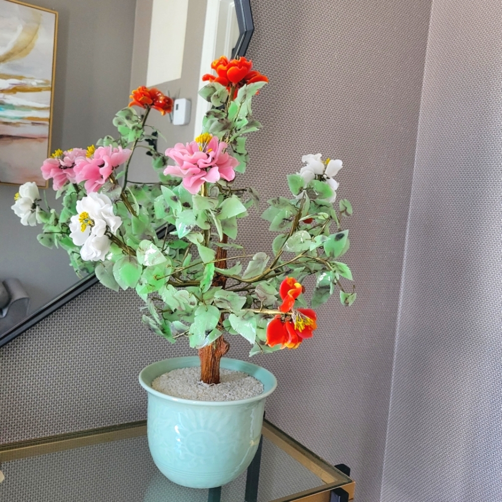 Glass Floral Arrangement in Mint Green Ceramic Pot (Bonsai Style)
